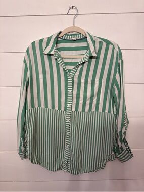 Jane and Delancey Green and White Striped Button-Front Blouse